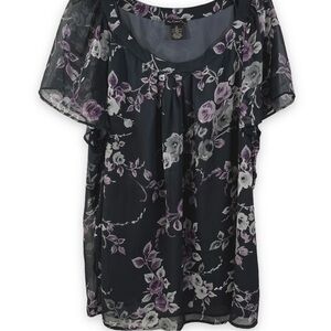 NUE Options Women's 2X Floral Sheer Blouse w/ Gray Embroidered Back